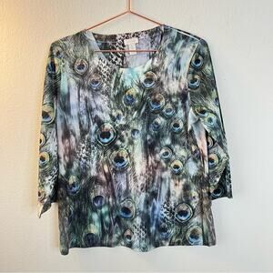 Chico’s Peacock Feather Crystal Print 3/4 sleeve top green blue gray